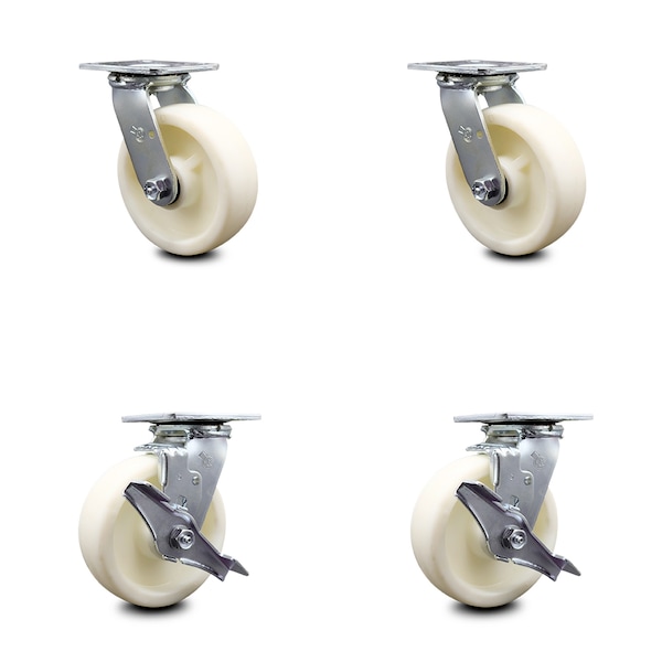 6 Inch Nylon Swivel Caster Set with Ball Bearings 2 Brakes